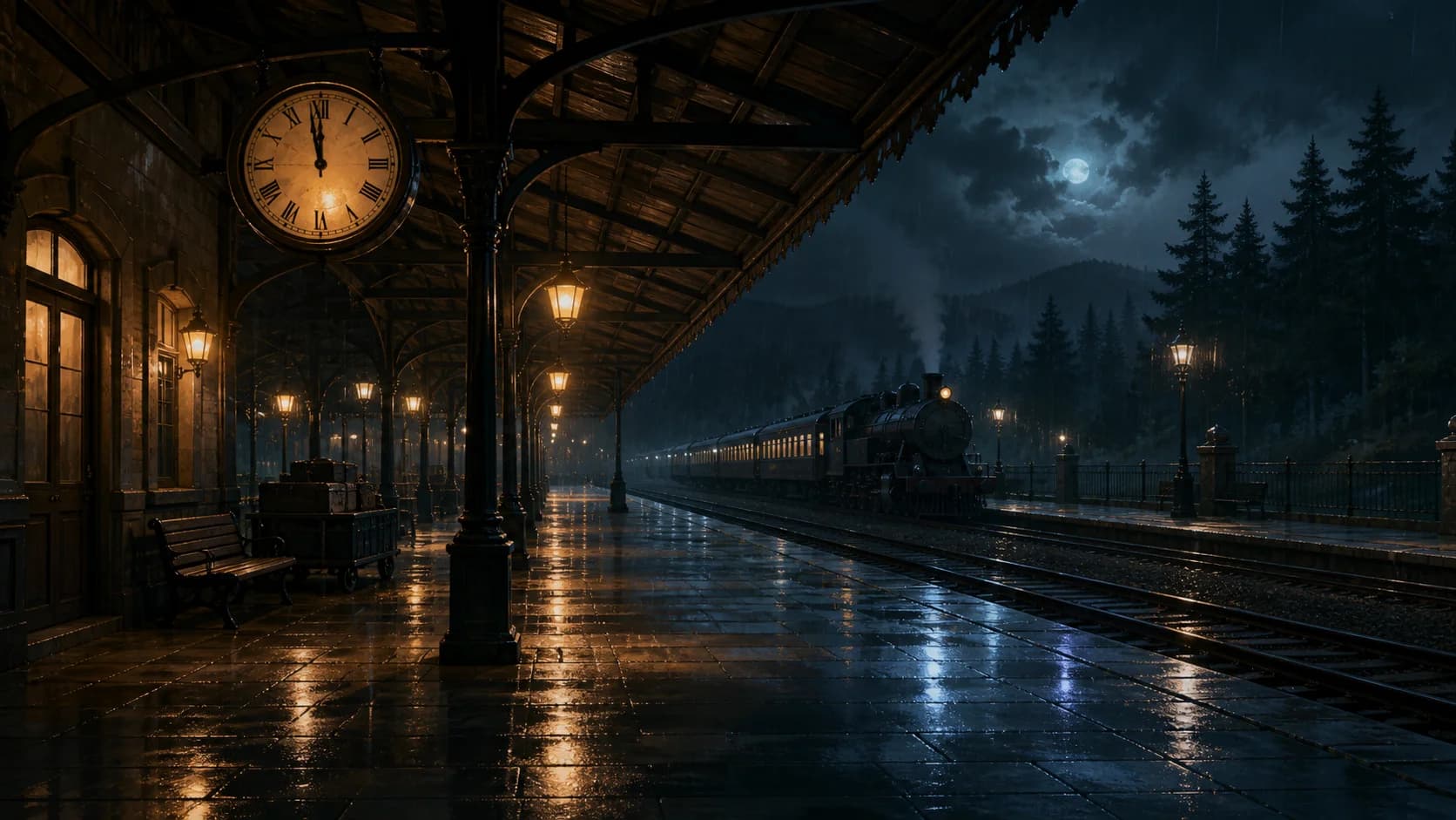 雨夜中的旧车站,暖黄灯光照亮月台,一列火车正等待出发